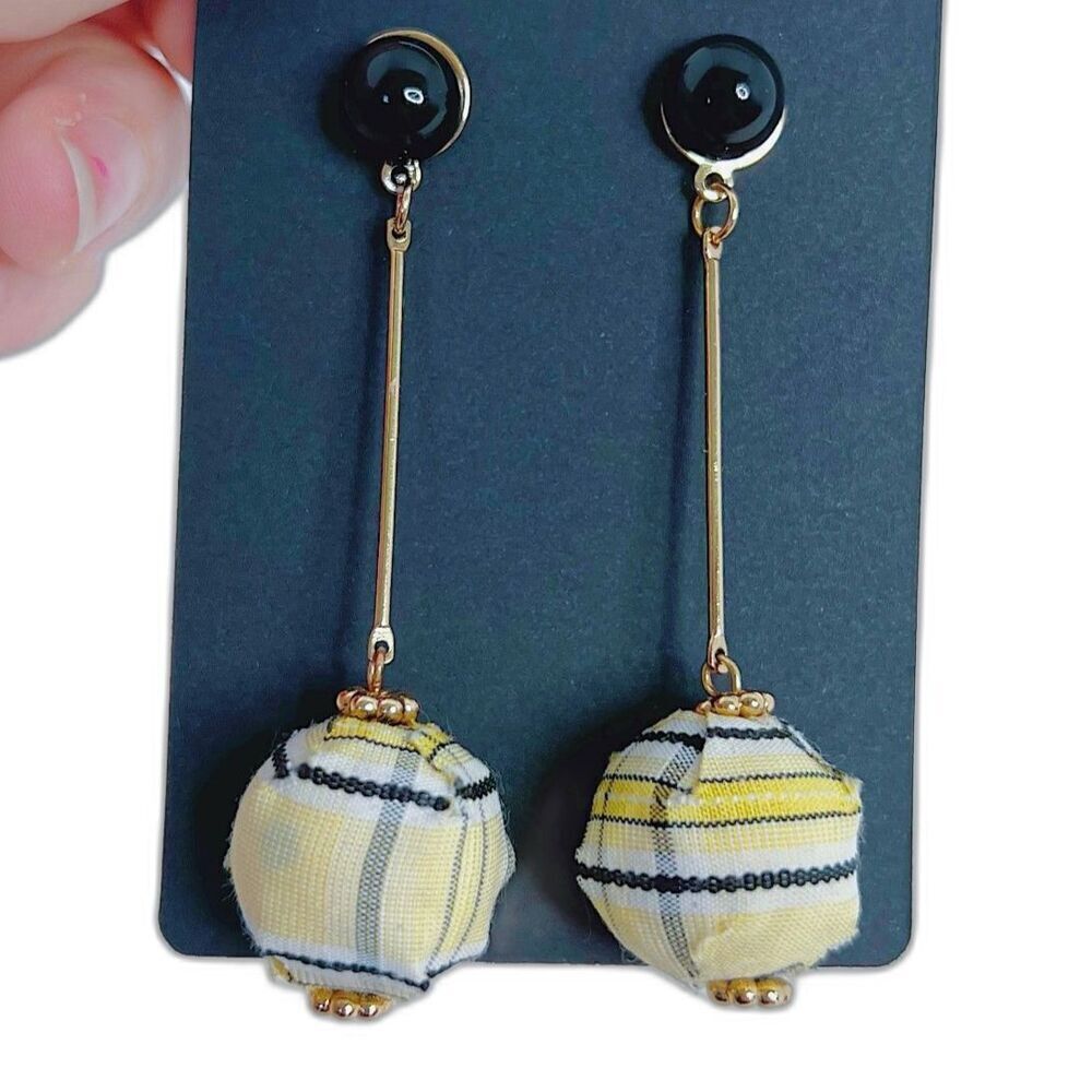 Yellow Black Plaid Ball Statement Drop Earrings